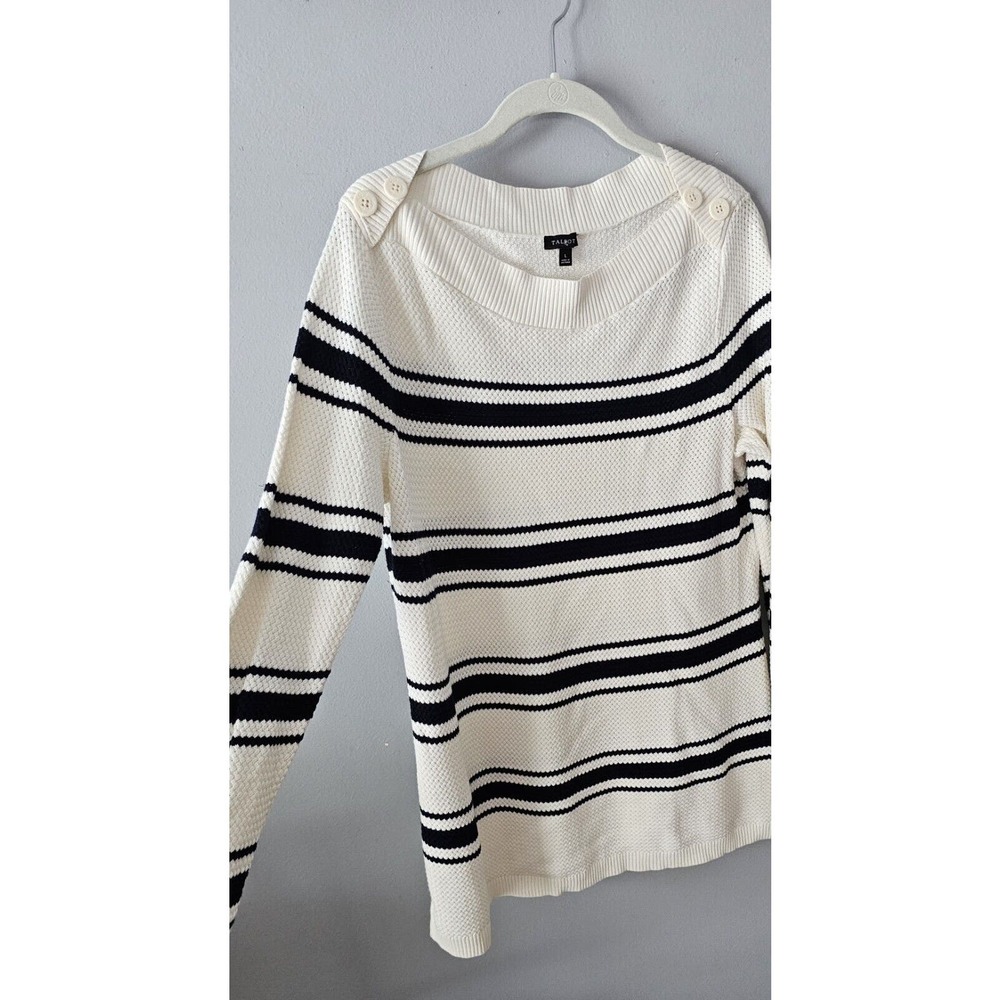 Talbots Womens Size L Black Ivory Stripe Tunic Sweater Button Shoulders Nautical - Picture 2 of 10
